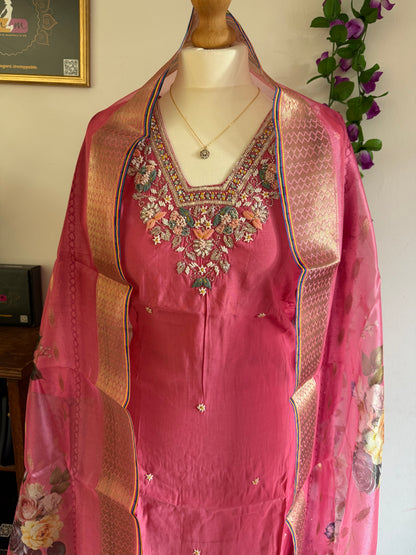 Viscose Modal Designer Hand Work 3 piece Kurti with bottom dupatta - Baby Pink