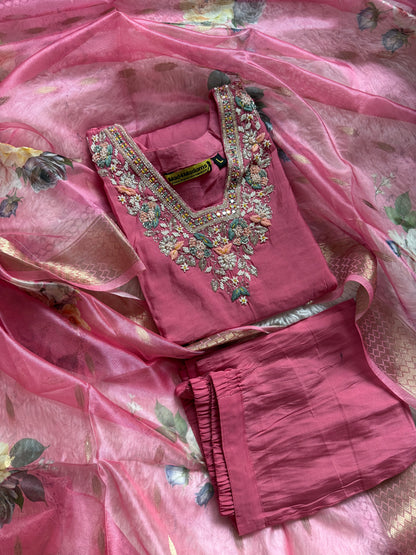 Viscose Modal Designer Hand Work 3 piece Kurti with bottom dupatta - Baby Pink