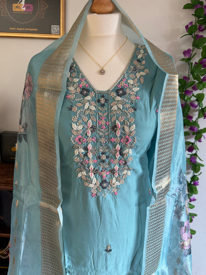 Viscose Modal Designer Hand Work 3 piece Kurti with bottom dupatta - Sea Blue