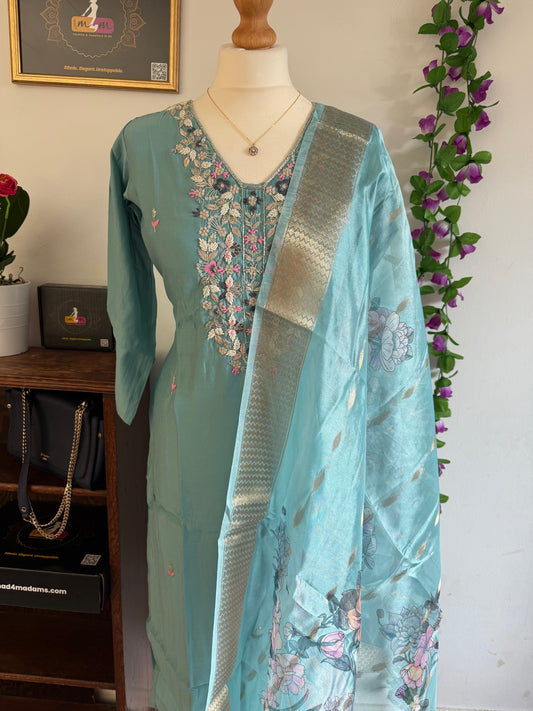 Viscose Modal Designer Hand Work 3 piece Kurti with bottom dupatta - Sea Blue