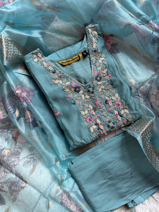 Viscose Modal Designer Hand Work 3 piece Kurti with bottom dupatta - Sea Blue