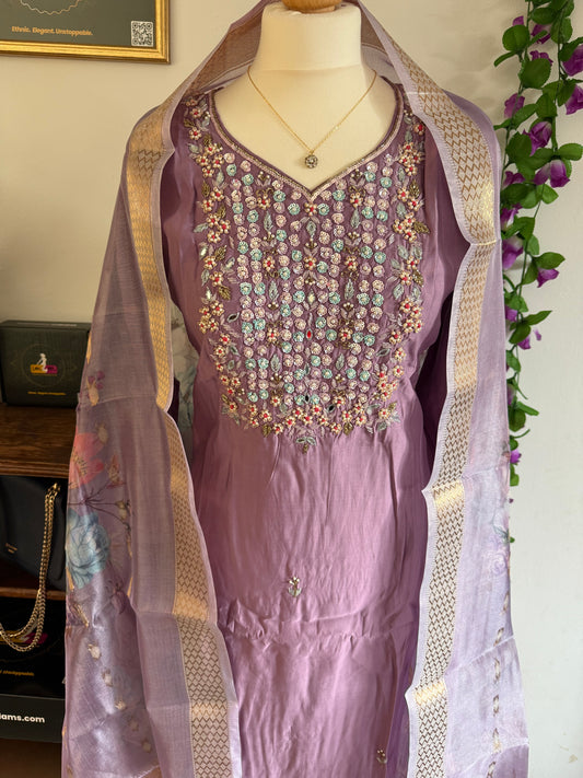 Viscose Modal Designer Hand Work 3 piece Kurti with bottom dupatta - Lavender