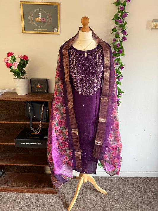 Dola Silk Designer 3 piece Kurti with bottom dupatta - Purple