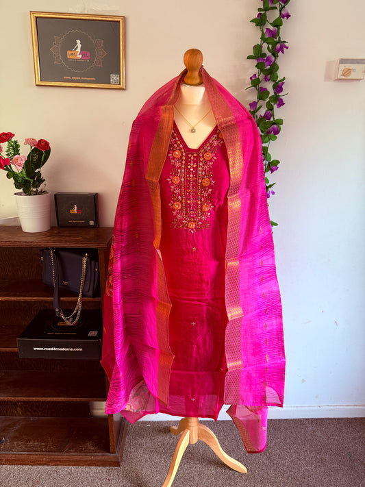 Dola Silk Designer 3 piece Kurti with bottom dupatta - Rani Pink