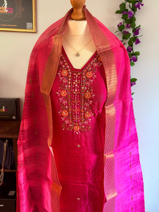 Dola Silk Designer 3 piece Kurti with bottom dupatta - Rani Pink