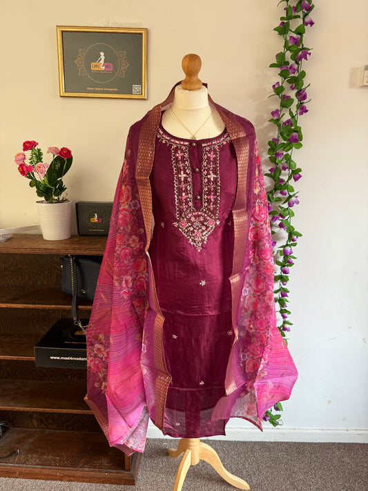 Dola Silk Designer 3 piece Kurti with bottom dupatta - Rich Wine