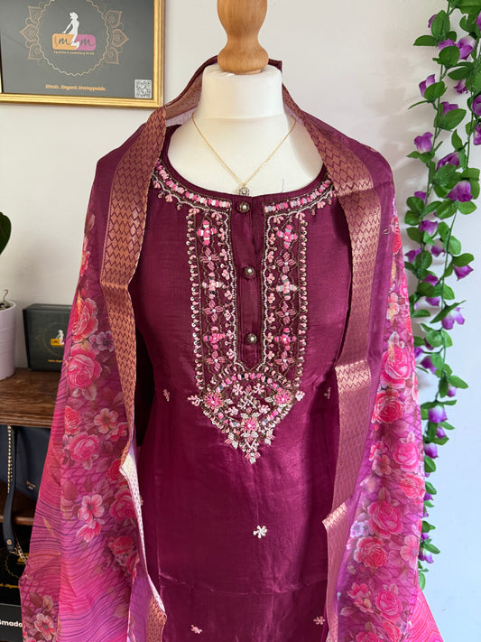 Dola Silk Designer 3 piece Kurti with bottom dupatta - Rich Wine