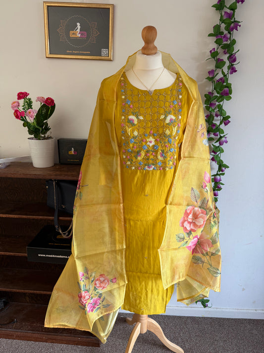 Viscose Designer 3 piece Kurti with bottom dupatta - Mustard Yellow
