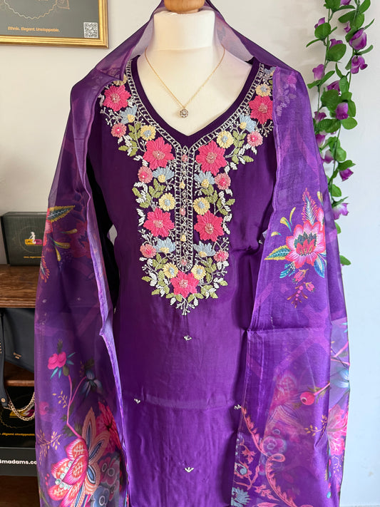 Viscose Designer 3 piece Kurti with bottom dupatta - Purple