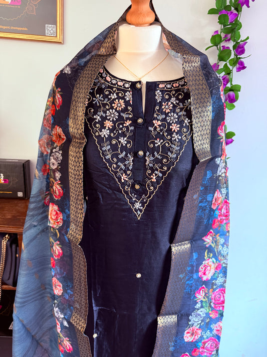 Dola Silk Designer 3 piece Kurti with bottom dupatta - Navy Blue