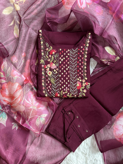Viscose Designer 3 piece Kurti with bottom dupatta - Wine