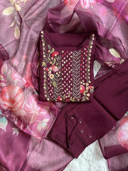 Viscose Designer 3 piece Kurti with bottom dupatta - Wine