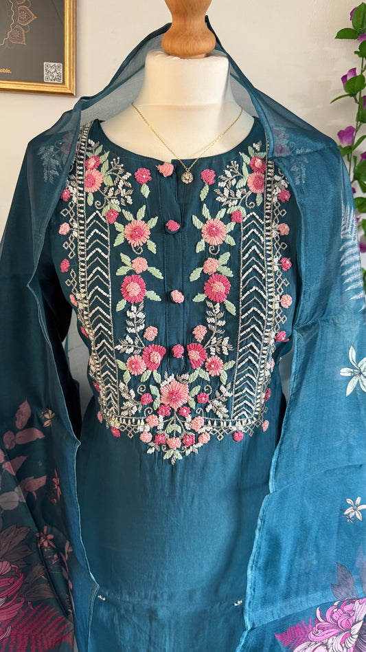 Viscose Designer 3 piece Kurti with bottom dupatta - Teal Blue