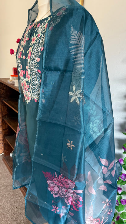 Viscose Designer 3 piece Kurti with bottom dupatta - Teal Blue