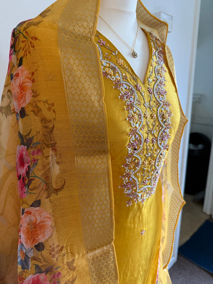 Dola Silk Designer 3 piece Kurti with bottom dupatta - Yellow