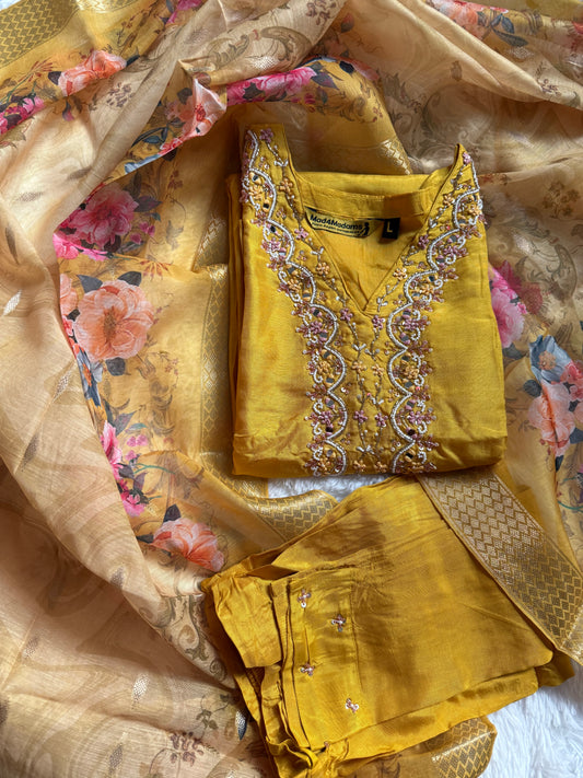 Dola Silk Designer 3 piece Kurti with bottom dupatta - Yellow