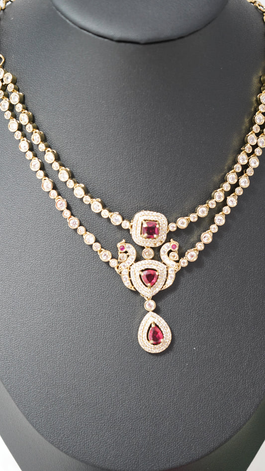 2 Layered necklace set victorian polish with sparkling white and pink designer stones