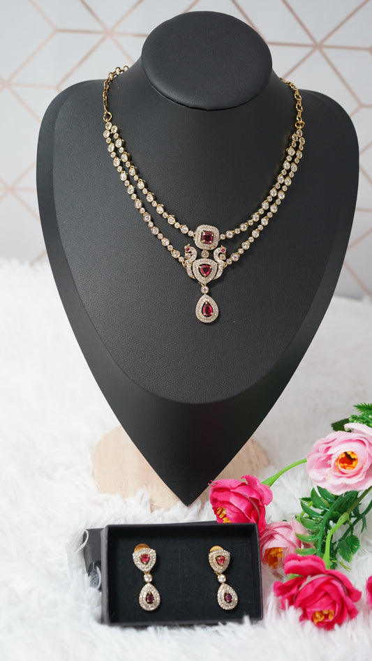 2 Layered necklace set victorian polish with sparkling white and pink designer stones