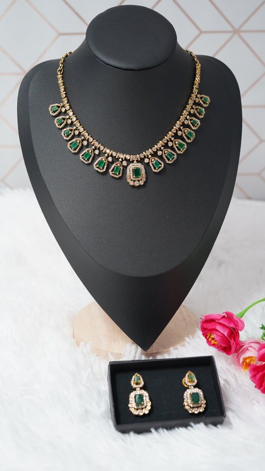 Luxurious sparkling green and white moissanite stones victorian necklace with Earrings