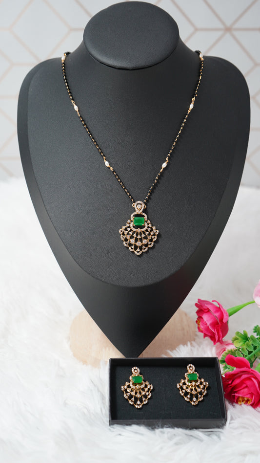 Classic short mangalsutra chain set featuring a statement pendant with ear rings