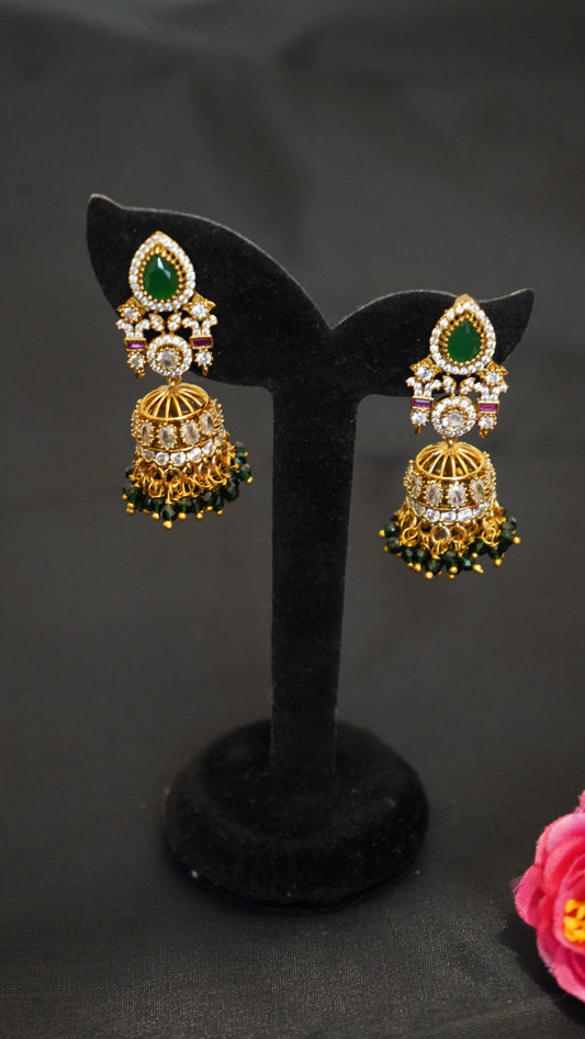 Emerald Royal Jhumka Earrings with rich green teardrop stone