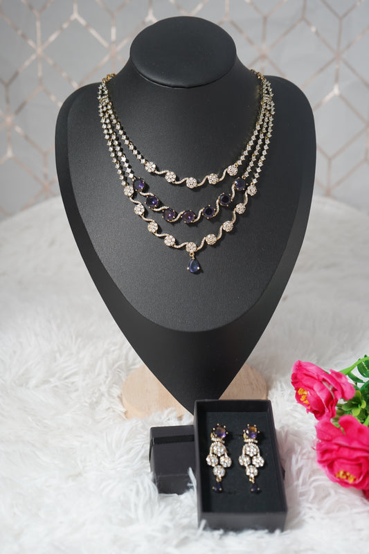 3 Layered navy blue necklace set diamond alike detailing with CZ stones