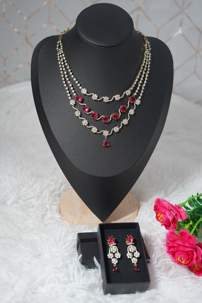 3 Layered red necklace set diamond alike detailing with CZ stones