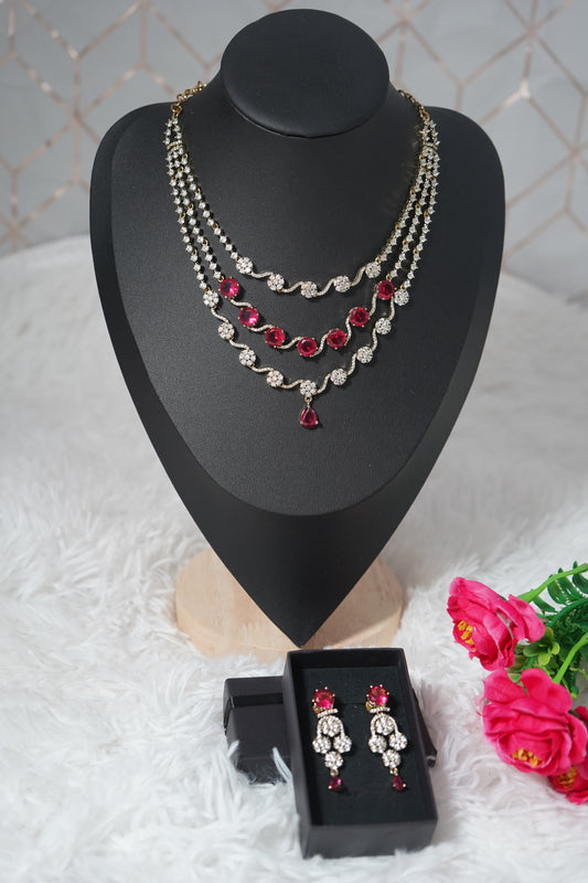 3 Layered red necklace set diamond alike detailing with CZ stones