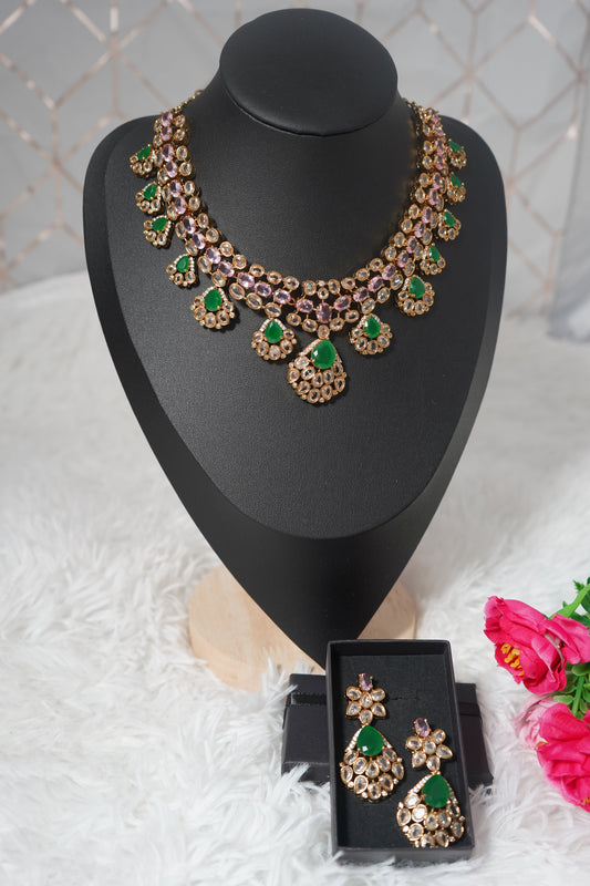 Stunning short necklace set with CZ stones - Pink & Green