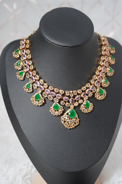 Stunning short necklace set with CZ stones - Pink & Green