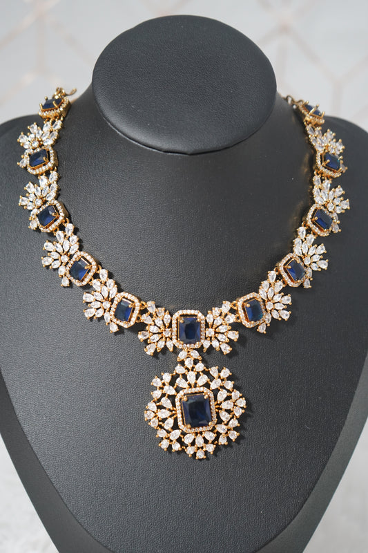 Graceful necklace set diamond alike featuring CZ stones - Navy Blue