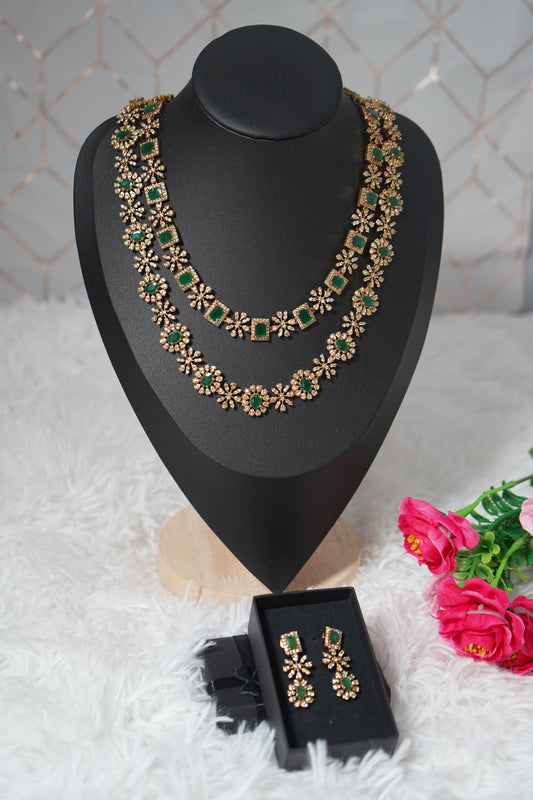 Beautifully crafted two-layered floral emerald necklace set - Green