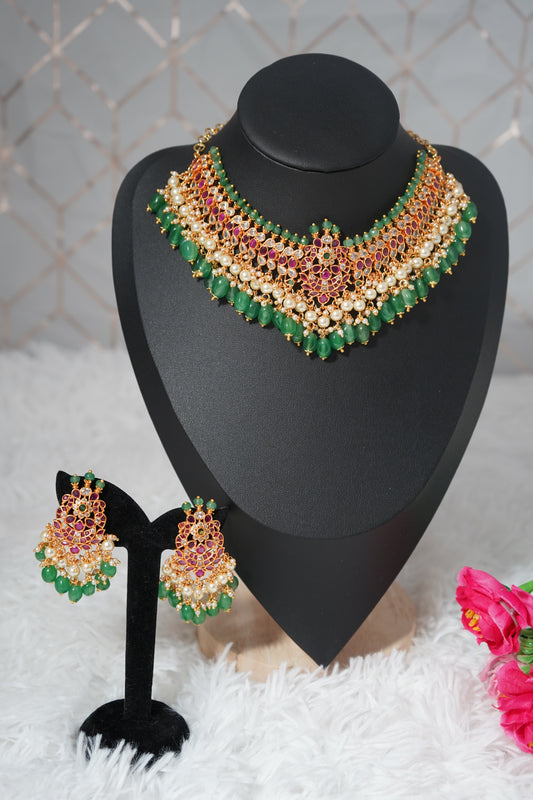 Heavy Bridal Choker Necklece Set -Green & Pink 15"