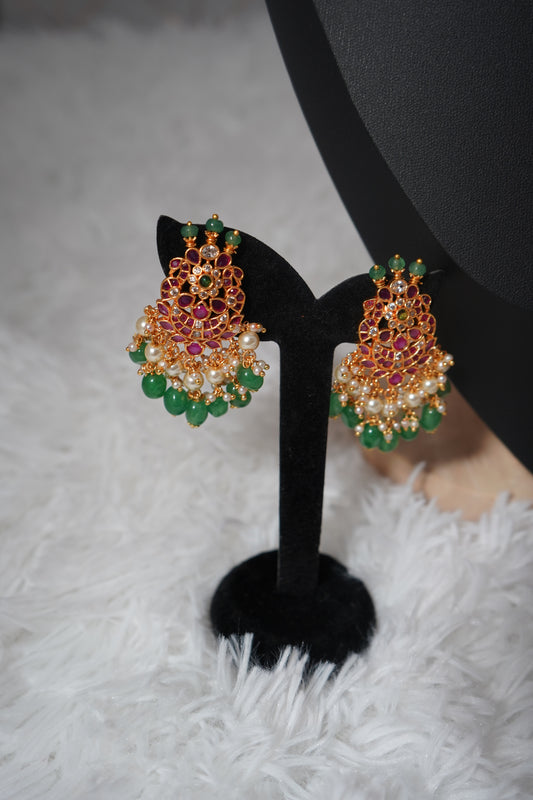 Heavy Bridal Choker Necklece Set -Green & Pink 15"