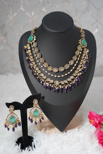 Multi layered Haram Necklace Set with Victorian polish - purple, and mint green accents