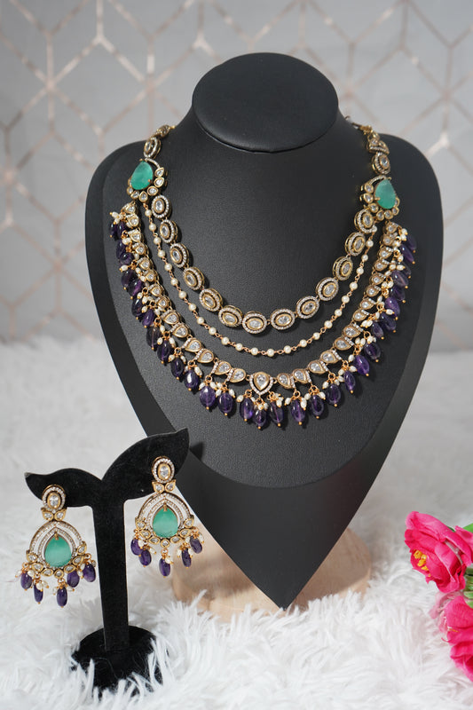 Multi layered Haram Necklace Set with Victorian polish - purple, and mint green accents
