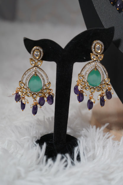 Multi layered Haram Necklace Set with Victorian polish - purple, and mint green accents