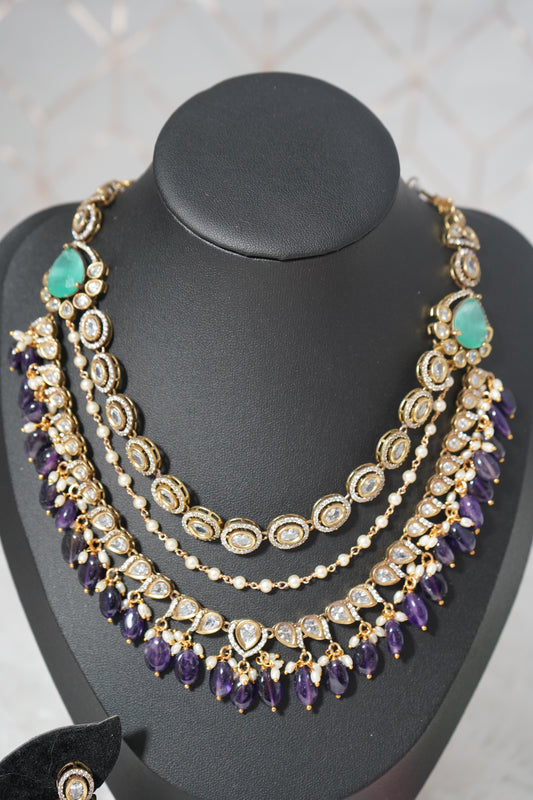 Multi layered Haram Necklace Set with Victorian polish - purple, and mint green accents