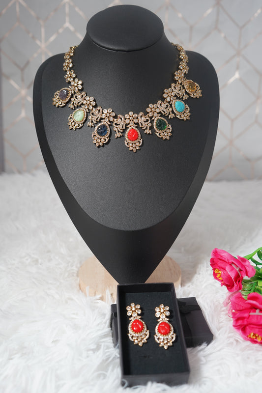 A vibrant Navratna necklace set crafted with Victorian polish