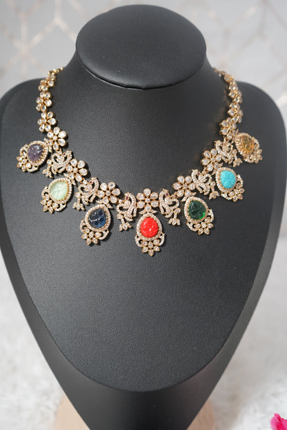 A vibrant Navratna necklace set crafted with Victorian polish