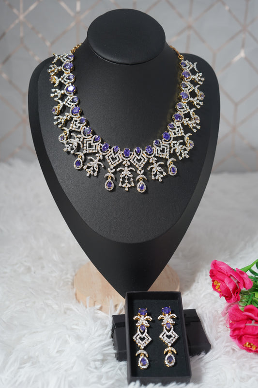 Chocker style necklace set with sparkling white stones - Purple