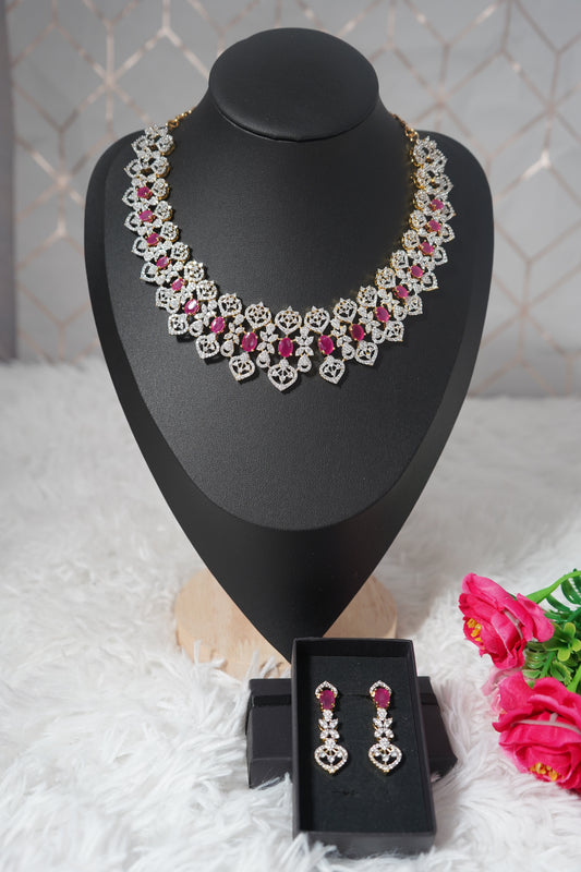 A stunning Pink choker-style necklace set with sparkling white stones -  Pink