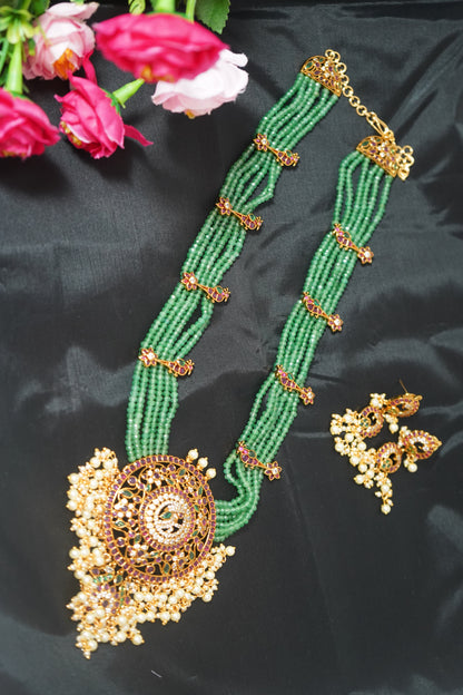 A Grand 26" bridal haram featuring Kemp beads with intricate peacock - Green
