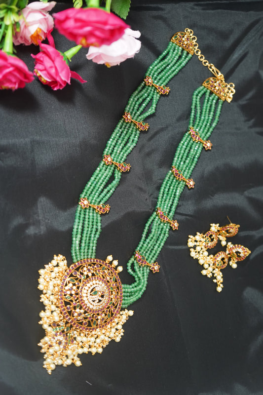 A Grand 26" bridal haram featuring Kemp beads with intricate peacock - Green