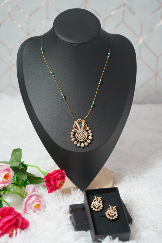 Antique-finish earrings with invisible chain design and green CZ stones - Green