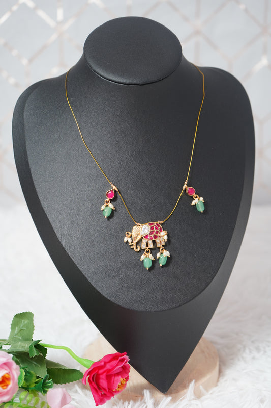 Gold-tone invisible chain with intricate elephant detailing - Pink & Green