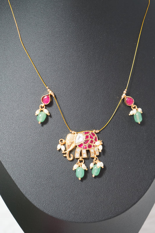 Gold-tone invisible chain with intricate elephant detailing - Pink & Green
