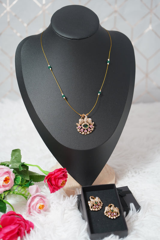Gold-finish invisible chain with elegant peacock detailing with matching earrings - Green