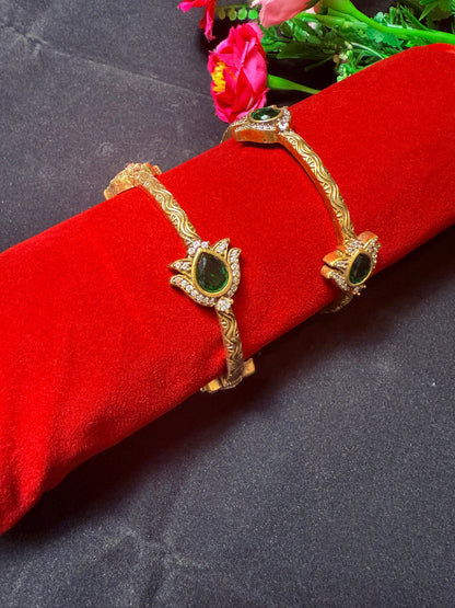 Victorian gold finish Lotus Bangles set-Green Stone