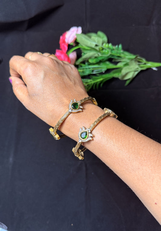 Victorian gold finish Lotus Bangles set-Green Stone
